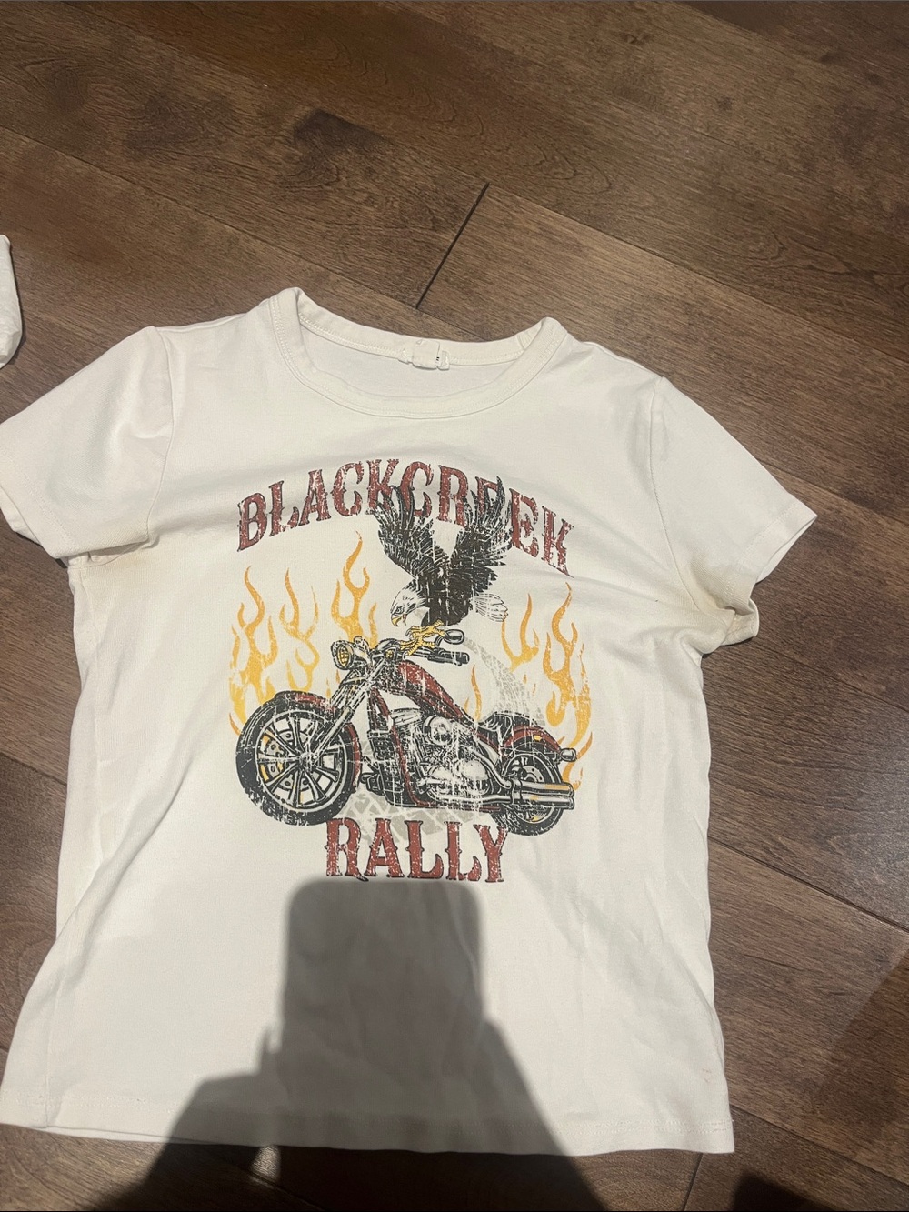 Garage White Women’s Baby Tee with Motorcycle Graphic